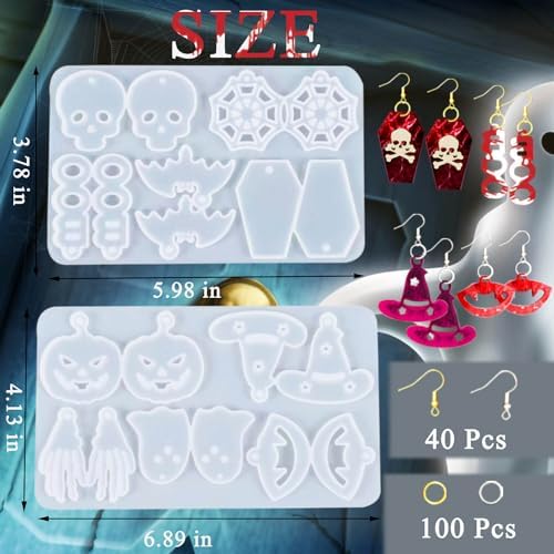 224 PCS Halloween Earring Resin Molds with Hole, Silicone Molds with 80 Earring Hooks Skull Pumpkin Bat Spider Epoxy Resin Jewelry Mold Pendant Keychain
