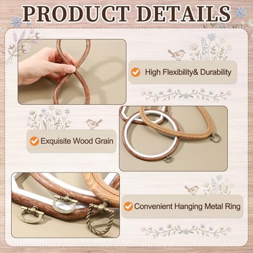 Hotop 171 Pcs Embroidery Kit for Beginners Adults, Starter Kit with 9 Wood Grain Embroidery Hoops in 4 Shapes, 100 Color Threads, 12 Color Fabric, Wood Storage Box, Needles, Scissors and Tools