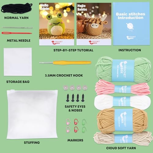 CrochetBox Crochet Kit for Beginner, Highland Cow and Frog Learn How to Crochet Stuffed Animals Gift for Adults and Teen(), Knitting Set with Yarn Hook Stitch-by-Stitch Video Tutorial