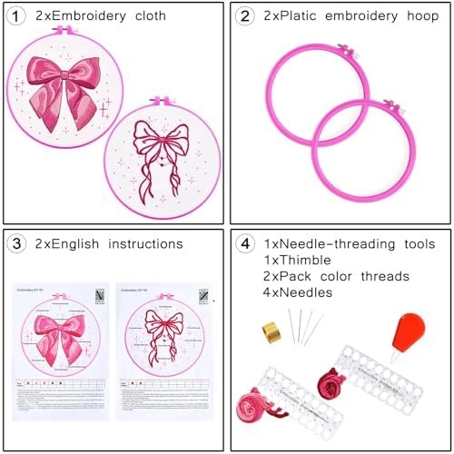 2 Sets Pink Hand Embroidery Kits for Beginners Adults, Cute Bow Embroidery Starter Kits, Cross Stitch Kits for Beginner Needlepoint DIY Kits for Adult, 2 Set Embroidery Hoops, Thread & Video Tutorial
