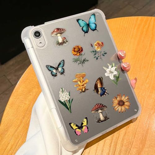 50 PCS Vintage Nature Mushroom Butterfly Flower Stickers – Clear Cottagecore Aesthetic Botanical Scrapbook Stickers for Journaling, Laptop, Water Bottle, Art Crafting