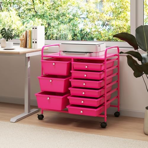 LDAILY 9 Drawer Rolling Storage Cart, Rolling Cart with Drawers for Classroom, Art Supply Craft Organizer on Wheel with Metal Frame & Handles for Home Office School