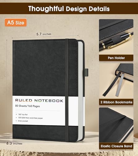 Lined Journal Notebook, A5 Hardcover Leather Journals for Writing, 160 Numbered Pages, 5.7'' x 8.3'' Journaling Notebooks for Men Women, Thick Paper College Ruled Journal for Work Office School, Black