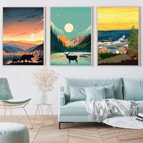 6 Packs Paint by Numbers for Adults Beginners, National Park Painting by Number Kits on Canvas Without Frame, Yellowstone Grand Teton Yosemite Lanscape Craft Arts for Home Wall Decor 9.8x13.8inch