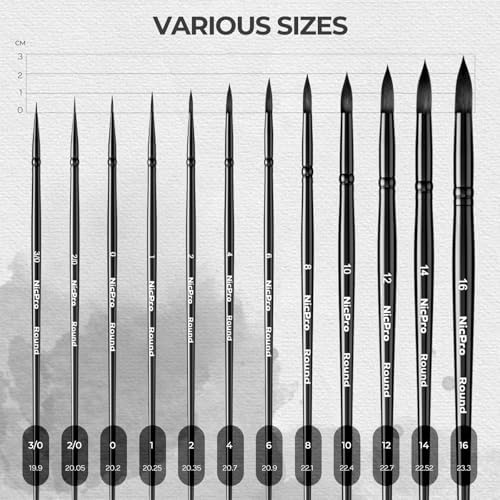 Nicpro 12pcs Watercolor Paint Brushes, Round Pointed Tip Paint Brush Set