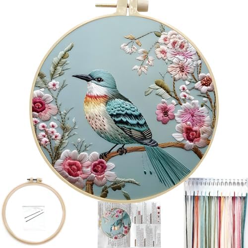 FONNUY Embroidery Kit for Beginners, Hummingbird Flowers Pre-Stamped Pattern Kits for Adults with Hoop, Easy to Follow Color Thread Needlework, 8''Hoop (Lightblue)