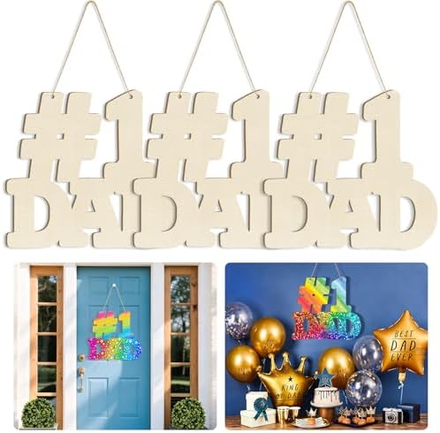 Large 12" Wooden Fathers Day Crafts for Kids Ornaments to Paint DAD, DIY Blank Unfinished Father's Door Sign Wreaths for Front Door Plaque Photo Props Gifts Hanging Daddy Birthday Party Supplies Decor