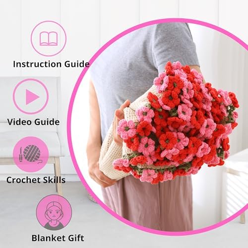 CSWCS Crochet Blanket Kit for Beginners, 40 inches Flower Bouquet Shawl Throw Kits for Adults, Learn How to Knitting with Yarn, Hook & Instructions, Gifts for Women Home Decor (Pink-red Hydrangea Kit)