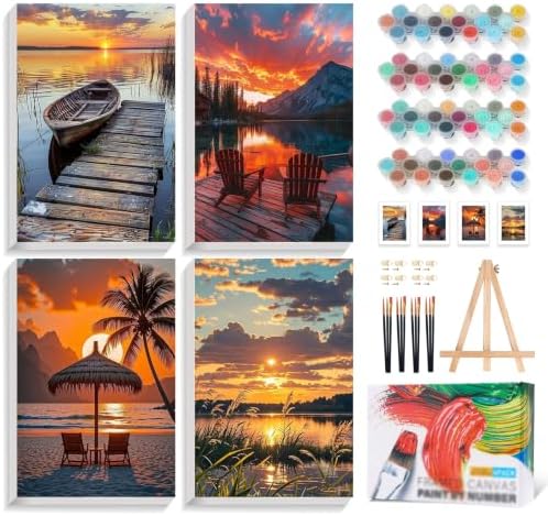 4 Pack Framed Paint by Numbers Kit for Adults with Wooden Easel, Sunset | With Frame, Lake Landscape DIY Acrylic Painting, For Adults Beginner, Stress Relief Craft Kits, Home Wall Decor Gift, 8x12 IN