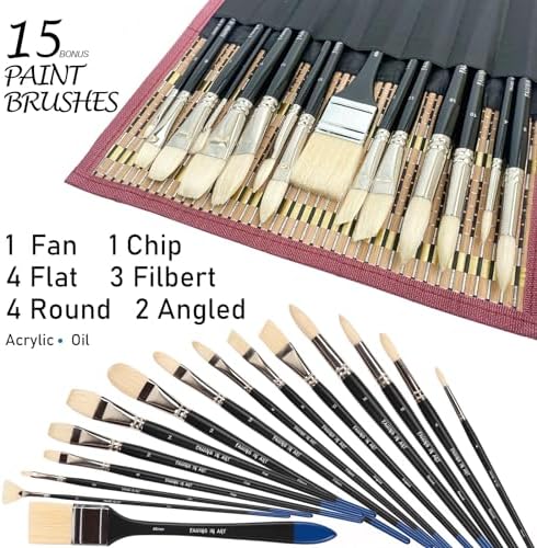 Falling in Art 15 Pcs Professional Oil Paint Brush Set, Natural Hog Bristle