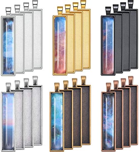 Hicarer 48 Pieces 6 Colors Pendant Tray Rectangle Bezel Blanks Set Include 24 Rectangle Pendant Trays with 24 Clear Glass Cabochon Domes for DIY Resin Craft Photo Necklace Jewelry Making