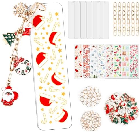 100PCS Acrylic Bookmark Blanks(2mm) Thicken 6 DIY Bookmark Making 8 Christmas UV DTF Sticker 20 Christmas Charms 6 Extender Chains and 60 Jump Ring Suitable for DIY Crafts Gifts