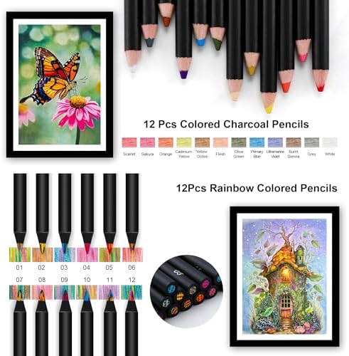 HIFORNY 120 PCS Drawing Set Sketching Kit, Art Supplies with 3-Color Sketchbook,Coloring Book,Rainbow,Colored,Watercolor,Metallic,Graphite,Black & Colored Charcoal Pencils,Blending Tools and More
