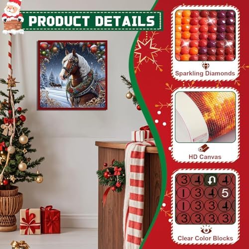 WNPOKN Christmas Horse Diamond Art Kits for Adults 14 x 14inch