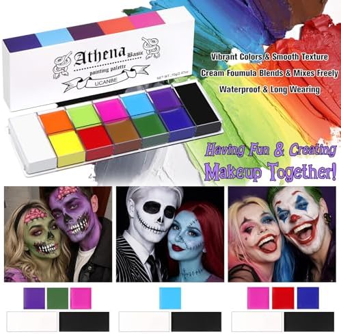UCANBE Athena Basic Face Body Paint Oil Palette, 12 Color Large Black White Professional Face Painting Makeup Kit, Facepaint Pallet for Halloween SFX Party Art Stage Costume Cosplay Clown Goth Make Up