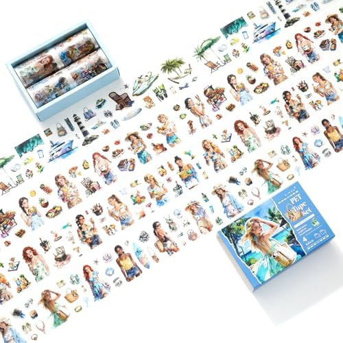 4 Rolls Summer Beach PET Tapes Pre-Cut Tape People Stickers | Transparent journaling Tape Sticker Sticker Rolls for Scrapbook Tape Decorative