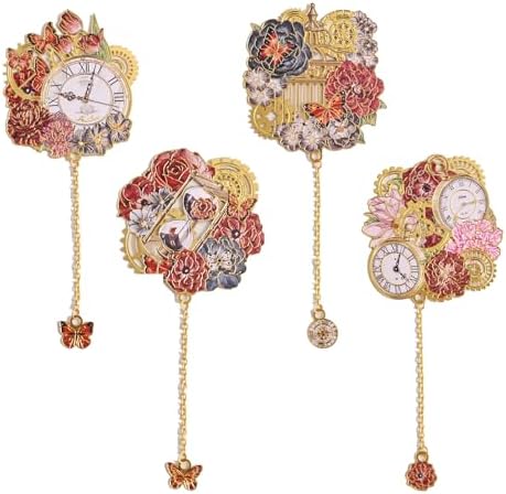 4pcs Vintage Metal Bookmark with Pendant Chain, Retro Steampunk Bookmarks, Flower & Clock Book Marks for Reading Women, Men, Kids, Book Lover, Teachers, Students