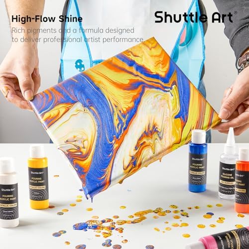 24 Pack Metallic Acrylic Pouring Paint, Shuttle Art 23 Metallic Colors Ready-to-pour Acrylic Paint with 1 Silicon Oil, 60ml/2oz Each, Rich Pigment, High Flow Pouring Paint Set for Canvas, Rock, Ceramic, Wood