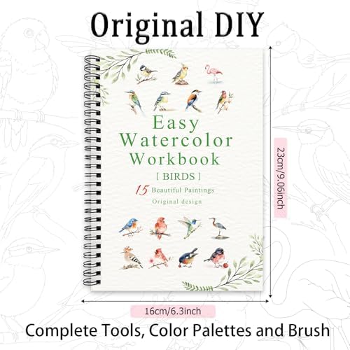 Watercolor Workbooks Birds, 15 Beautiful Paintings for Water Color Book Adult, Watercolor Coloring Book for Beginners, Watercolor Workbook for Adults Teens (Without Palette, Birds)