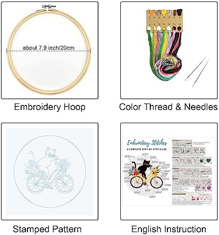Louise Maelys Cat Bicycle Embroidery Kit for Beginners Floral DIY Craft