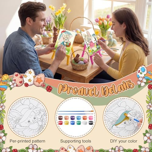 Blosssound 10 Set Easter Vintage Pre Printed Canvas Bunny Eggs Pre Drawn Canvas Painting with Easel Kits 5" x 7" Outline Painting Panels for Beginners, DIY Craft Project, Party Favor, Home Decors