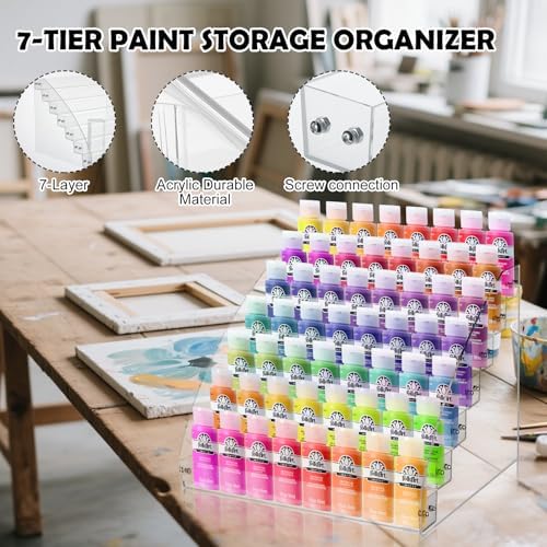 7 Tiers Clear Acrylic Paint Organizer with Brush Holder,paint Organizers Set Miniature Paints Holders, 7 Layers Paints Storage Rack, Craft Paint Rack