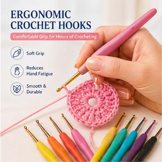 Crochet Kit Set with Portable Travel Bag, 9 Ergonomic Soft Handle Hooks (2.0-6.0mm), 5 Yarn Balls, Stitch Markers, for Beginners (Multi)