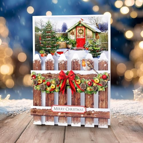 Katy Sue Christmas Garden Picket Fence Card Making Kit - 8 Shaped Cards, Die-Cut Embellishments, Background Scenes, Foam Pads, Instructions & 8 Envelopes for Christmas Card Making Supplies. UK-Made.