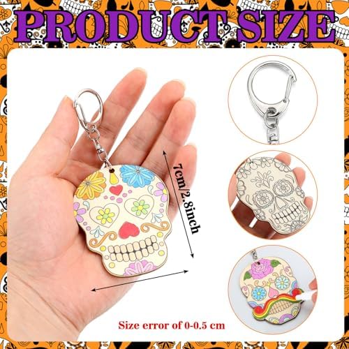 Trnayi 36 Pcs Day of The Dead Wood Keychain Color Your Own DIY Craft | Day of The Dead Wooden Keychain, Color Your Own Unfinished Craft, Blank Wood Painting DIY Craft, for Home Handcraft Project