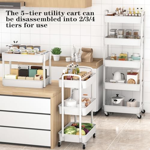 Sywhitta 5-Tier Plastic Rolling Utility Cart with Wheels for Storage,White