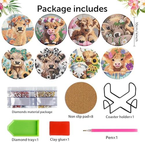Diamond Art Coasters Kit,8 Pcs Highland Cow Diamond Painting Coasters Kit