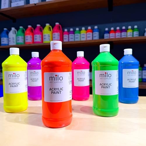 milo Fluorescent Acrylic Paint Set, 6 Neon UV Colors, 32 oz Bottles