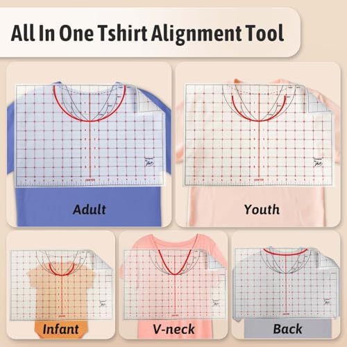 TransOurDream Heat Transfer Paper Supplies 16" Large Cuttable Alignment Ruler Reusable Direct Heat Resistant Tshirt Ruler Guide 5-Pack, Special/V-Neck/Round Vinyl Centering Tool, S-5XL Adult Youth