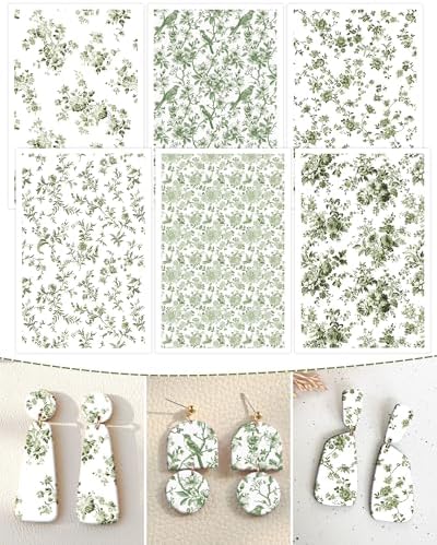 Puocaon Green Flower Clay Transfer Paper - 18 Pcs Chinoiserie Flower Art Design Transfer Sheets for Polymer Clay Brown Floral Earrings Design Jewelry Making