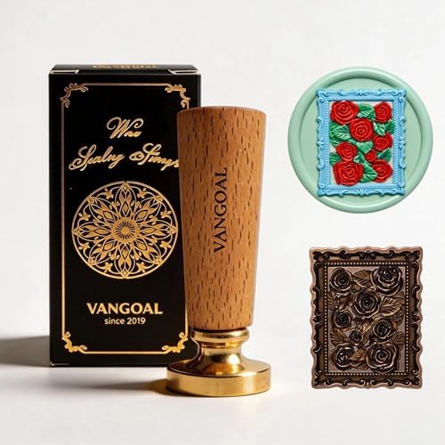 VANGOAL Wax Seal Stamp, Floral Series, 3D Embossed Brass Stamp Head with Wooden Handle, Vintage Sealing Kit for Wedding Invitations, Envelopes, Gift Wrapping, Letters and Crafts (Rose with Frame)