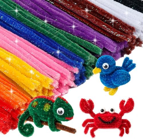 Caydo 200PCS Glitter Pipe Cleaners Craft, Sparkly Pastel Chenille Stems for Flower Making, DIY Art Creative Projects and Holiday Party Decorations