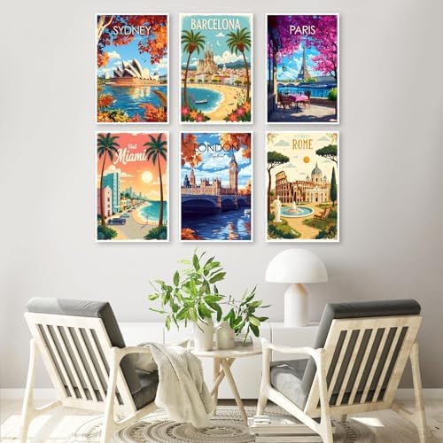 Pixendra 6 Pack Cityscape Paint by Numbers Kit for Adults Beginner,Travel City Easy Paint by Number on Canvas,Acrylic Oil Watercolor Painting kit Arts and Crafts for Room Wall Decor (8x12 inch)