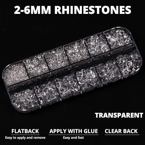 6500Pcs Transparent Rhinestones for Bedazzling, Bedazzler Kit with Flatback Craft Rhinestones Clear Bulk and B7000 Glue, 2,3,4,5,6mm Resin Flat Back Crystals for Craftings, Clothes, Shoes, Nails