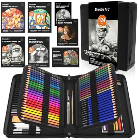 Shuttle Art 124 PCS Drawing Kit, Professional Drawing Supplies with Sketch, Charcoal, Colored, Graphite, Pastel Pencils & Sticks, Complete Drawing Tools and Paper Pads in Zipper Case for Artists&Kids