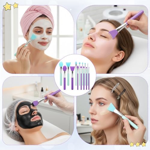 14PCS Silicone Brush Applicator Kit, Face Mask Applicator Resin Brushes Applicators for Cream Makeup Products and Epoxy Art Crafting, Green and Purple Silicone Brushes for Crafts, Cream and Epoxy