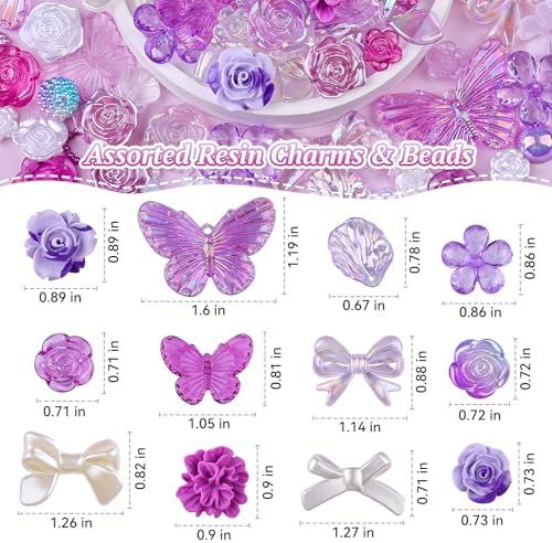 350 Pieces 3D Resin ABS Colorful Rose Flower Bows Butterfly Charms with Flatback Half Round Pearl Beads for Bracelet Earring Necklace Craft DIY Making Supplies