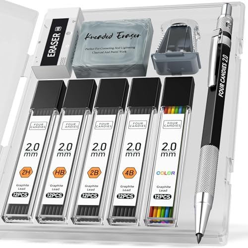 Four Candies 2MM Mechanical Pencil Set with Case, Metal, 60 Lead Refills