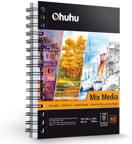 Ohuhu 5.5"x8.5" Mix Media Pad Art Sketchbook 62 Sheets for Painting Drawing | Small Sketch Book - 120 LB/200 GSM Heavyweight Paper - Spiral-Bound Mixed Media Paper for Watercolor Acrylic Christmas Gift