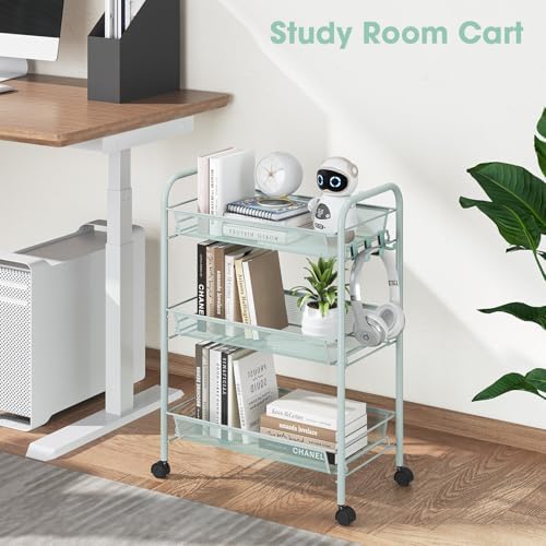 TOOLF 3 Tier Rolling Cart, Metal Utility Storage Cart with Wheels, Green | 3 Hooks, Screwless Assembly, Trolley Organizer for Bathroom, Kitchen, Office, Nursery, Dorm, Laundry Room