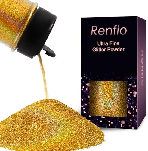 Renfio Holographic Ultra Fine Gold Glitter Powder Metallic Resin Glitter | 2.11 Oz (60g) PET Flakes Crafts Sequins 1/128" 0.008" 0.2mm Epoxy Chips Flakes for Tumblers Slime - Laser Gold