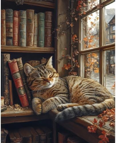 Clendo Sleeping Cat Paint by Numbers Kit for Adults - Bookshelf Paint by Numbers for Adults Beginner, DIY Acrylic EasyPainting by Number on Canvas Home Wall Decor 16”W x 20”L
