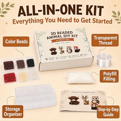 3D Beaded Animal DIY Kit, 4 Piece Craft Set for Adults Teens Beginners, Make Highland Cow Deer Owl Red Panda, Animal Art Project with Color Beads Thread Storage Box Instructions, Gift for Crafters