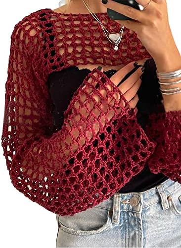 KEOMUD Women Crochet Tops Y2K Hollow Knit Bolero Shrug