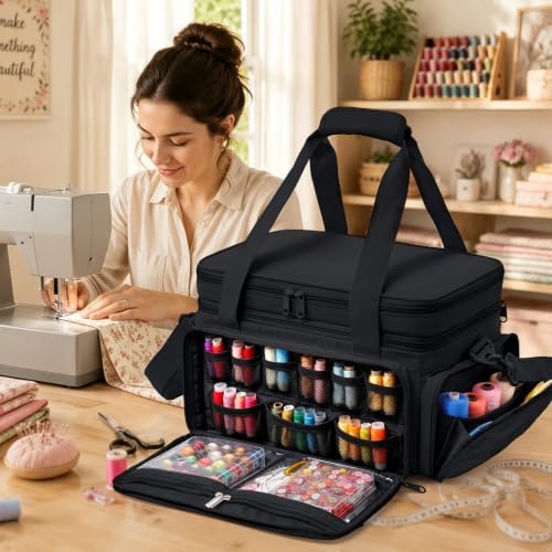 AMOIGEE Sewing Organizer Bag with 2 Clear Storage Boxes, Double Layer Sewing Storage Bag with Removable Pouches & Adjustable Dividers for Thread, Needles, Scissors, Embroidery Floss&Craft Accessories