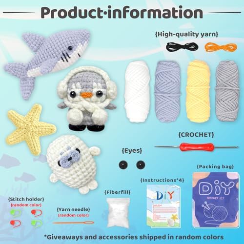 YAMAXIN Crochet Kit for Beginners – Ocean Animal Amigurumi DIY Yarn Kit with Step-by-Step Instructions, Tools & Soft Yarn – 4 Pack Crochet Kit Gift for Adults, Teens & Kids